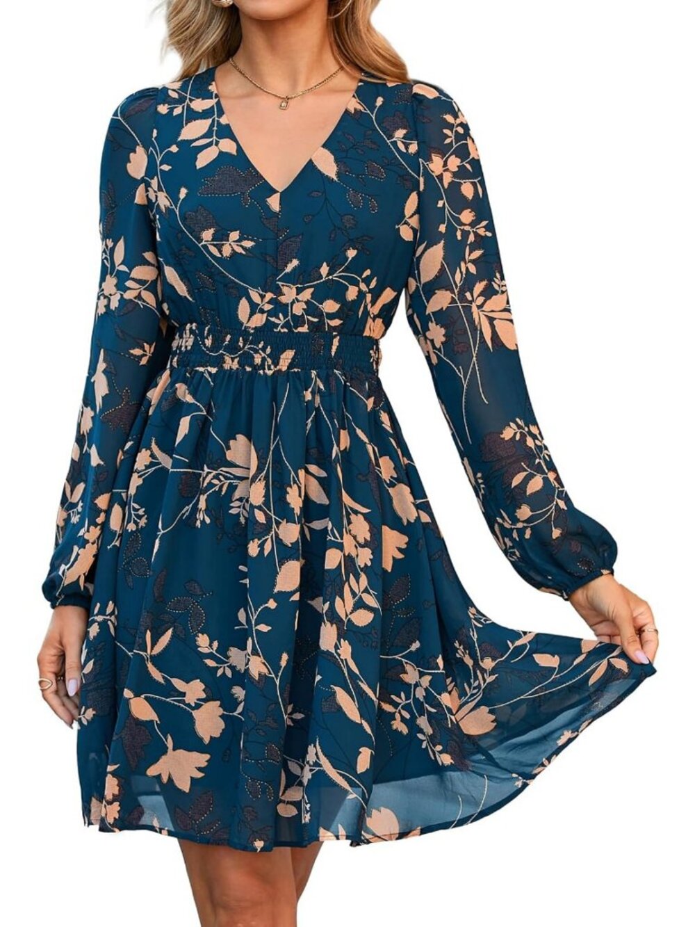 Floral Mini Dress for Women, Long Sleeve V-Neck Chiffon, Boho Casual Fall